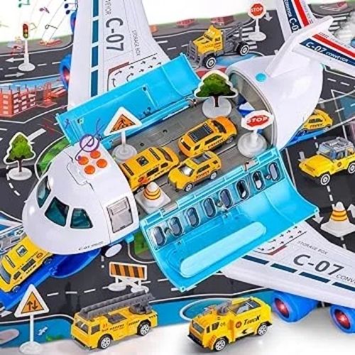 Large Airplane With 6 Construction Vehicles 10 Road Signs 1 Play Mat