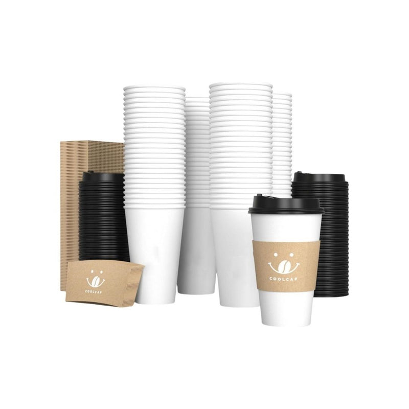 100 Pack 12oz Disposable Coffee Cups with Lids and Sleeves