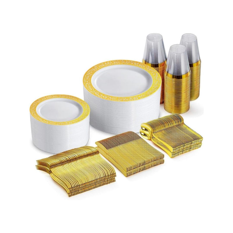 300-Pcs Gold Plastic Dinnerware Set
