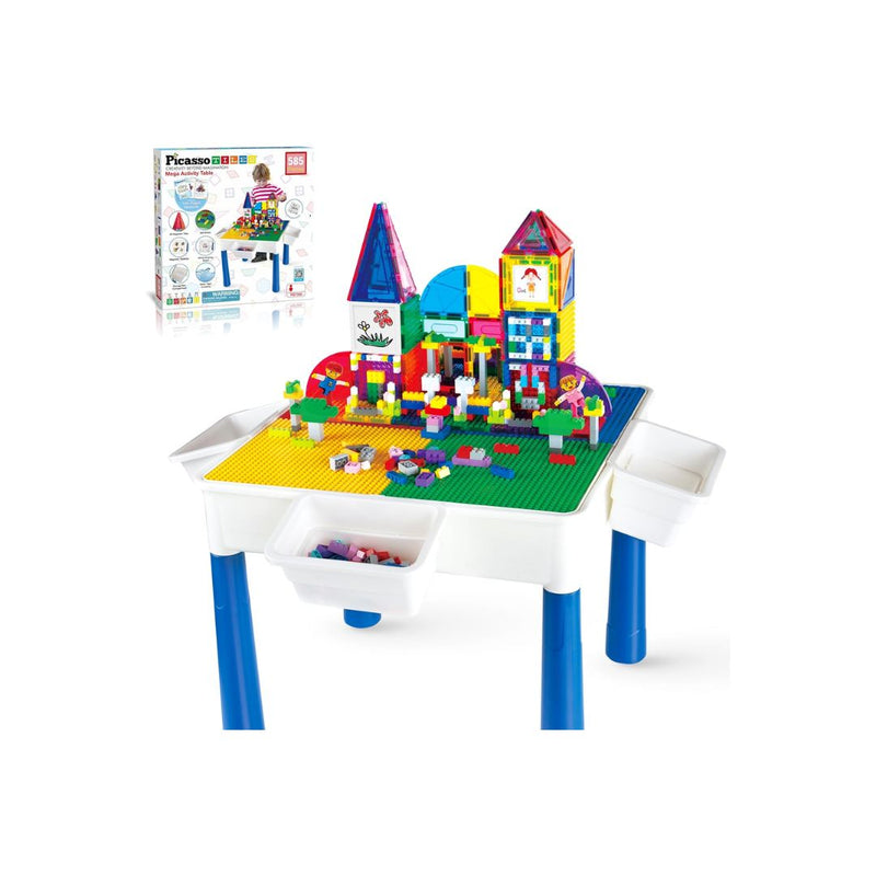 PicassoTiles 585 Piece Kids Activity Table With Magnetic Tiles And Bricks