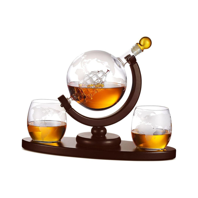 Godinger Whiskey Decanter Globe Set with 2 Etched Whiskey Glasses