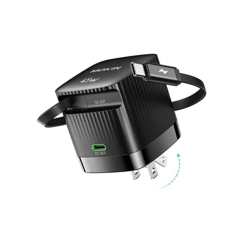 45W Dual Port USB C Fast Charger With Retractable Cable
