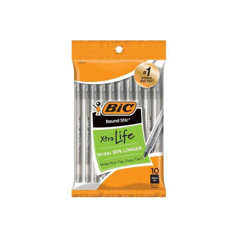 10 BIC Round Stic Xtra Life Black Ballpoint Pens