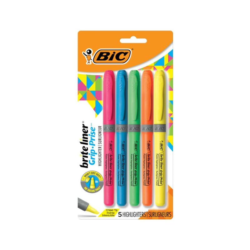 5 BIC Brite Liner Grip Highlighters