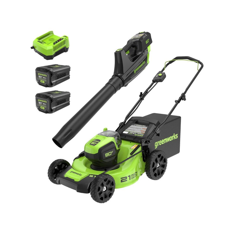 Greenworks 80V 21” Brushless (Push) Cordless Electric Lawn Mower + (500 CFM) Axial Leaf Blower
