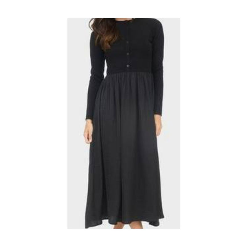 August Sky Women's Front Button Up Mixed Media Midi Dress