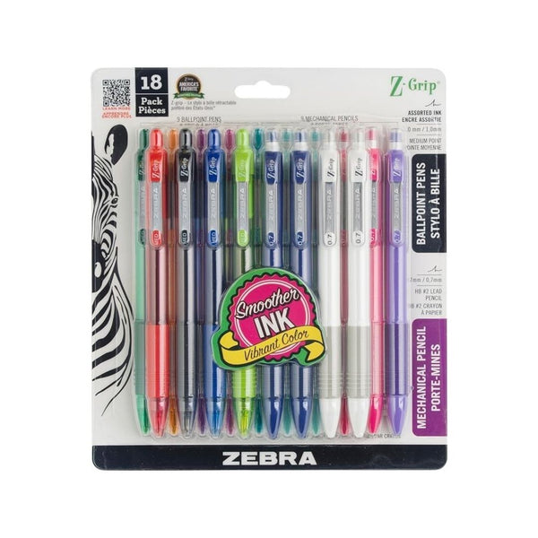 18 Pack Of Zebra Z-Grip Retractable Ballpoint Pen And Mechanical Pencil Set