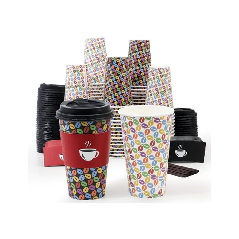100 Pack 16oz Paper Coffee Cups with Lids and Sleeves