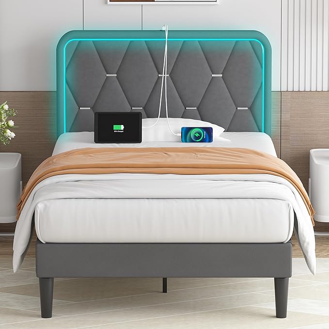 Upholstered Twin Bed Frame with LED and Charging Station
