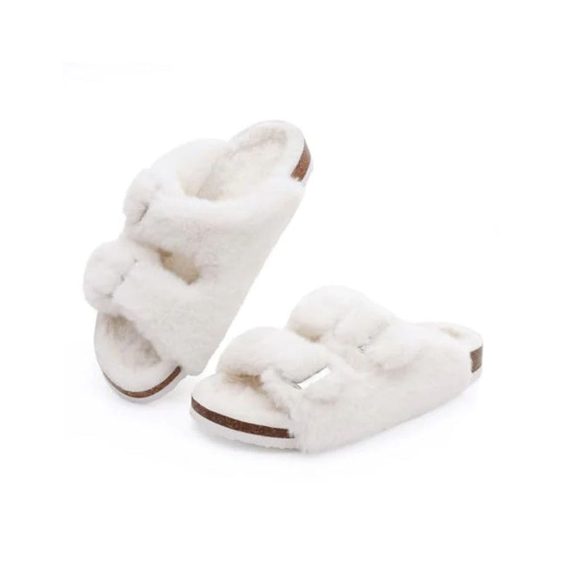 Fuzzy Cork Footbed Slippers Fluffy Open Toe Slides