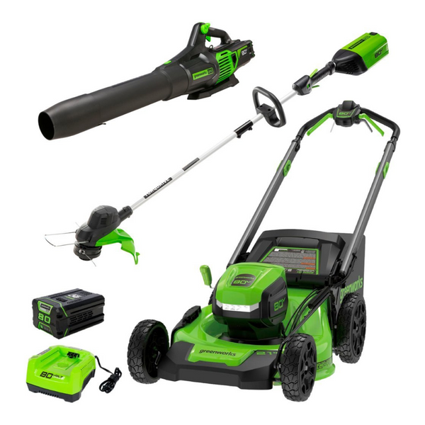 Greenworks 80V Lawn Mower, String Trimmer, Leaf Blower Combo
