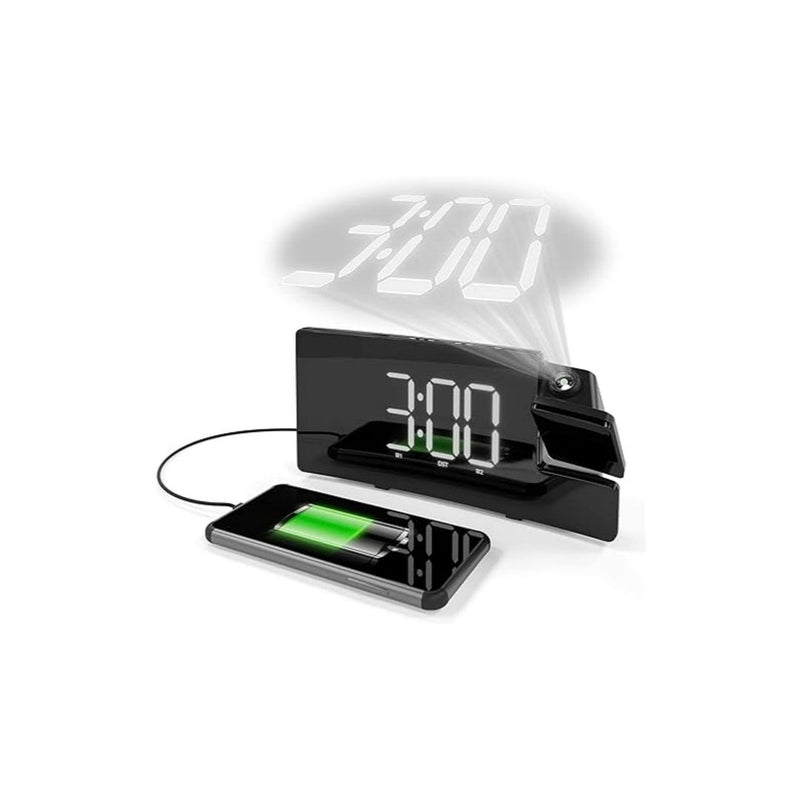 Projection Alarm Clock with USB Phone Charging, FM Radio, Battery Backup