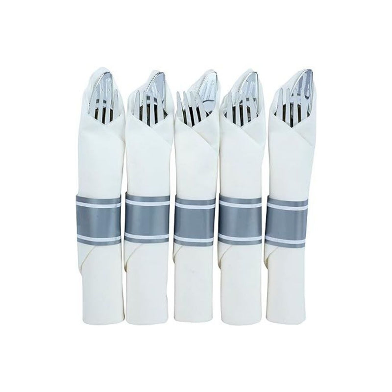 50 Sets Of Pre Rolled Silver Plastic Cutlery In A Napkin
