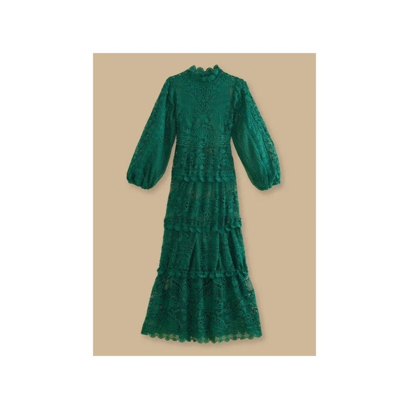 FARM Rio Dark Green Guipure Long Sleeve Maxi Dress