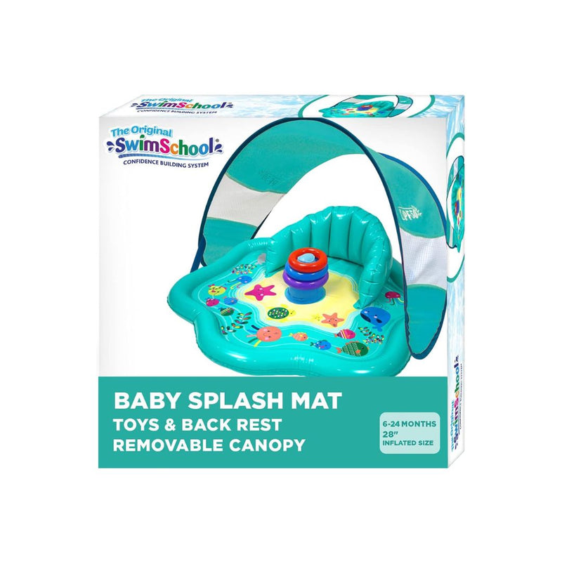 Inflatable Baby Splash Play Mat with Adjustable Canopy, Backrest, & Water Toy Rings