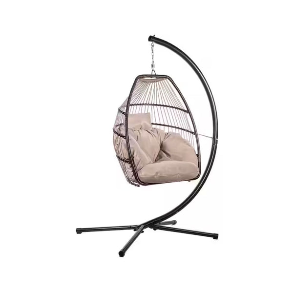 Black Wicker Egg-Shaped Patio Swing Chair with Cushion