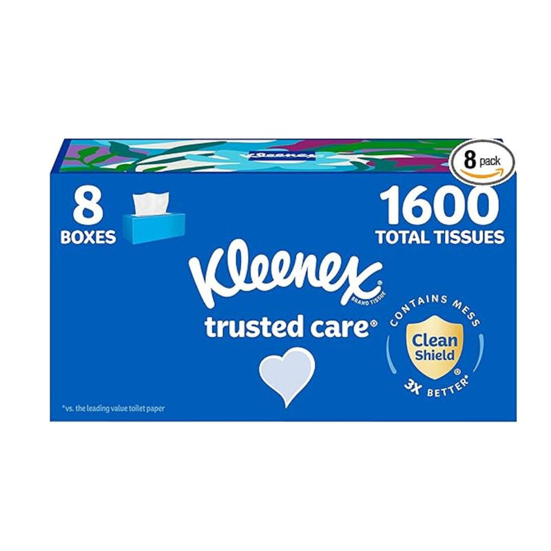 Kleenex Trusted Care Facial Tissues, 8 Flat Boxes, 200 Tissues per Box, 2-Ply