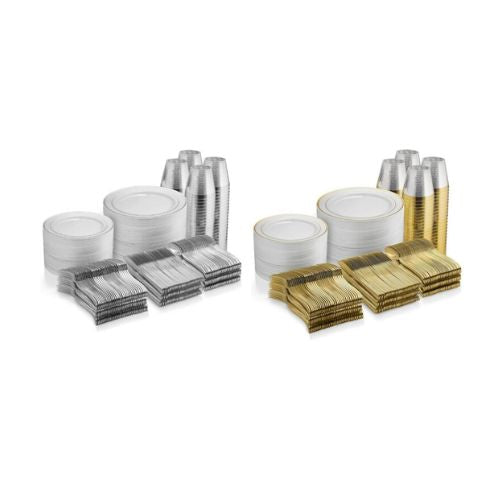 Munfix 600 Piece Silver Or Gold Plastic Disposable Dinnerware Sets (Service for 100)