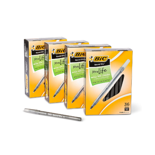 BIC Round Stic Xtra Life Ball Point Pens, Black (144-Count) Via Amazon