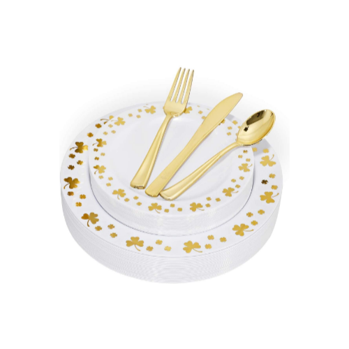 150pcs Gold Plastic Plates with Disposable Plastic Silverware Via Amazon