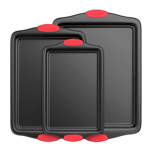 3 Piece Non-Stick Baking Pans with Red Silicone Handles