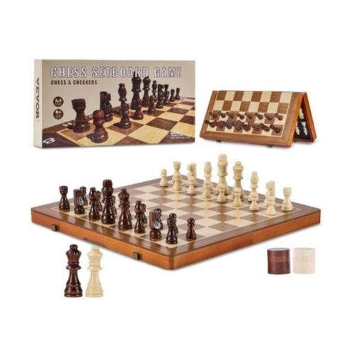 Wooden Chess Set, 15 inch 2-in-1 Chess Checkers Game Set