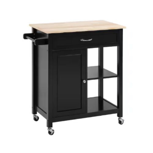 Rolling Black Kitchen Cart with Wood Top