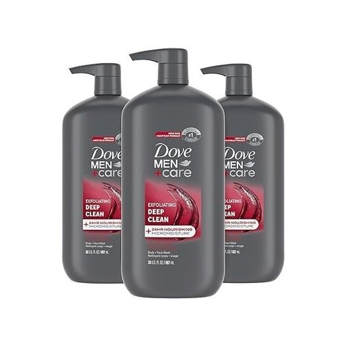 3 Bottles of DOVE MEN + CARE Body and Face Wash Exfoliating Deep Clean (30 oz)