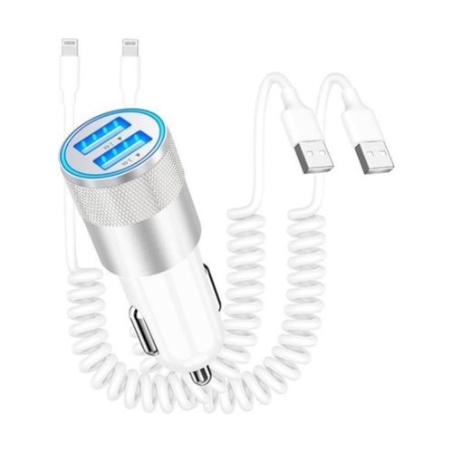 Dual USB Car Charger Adapter with 2 Pack Coiled Lightning Cables