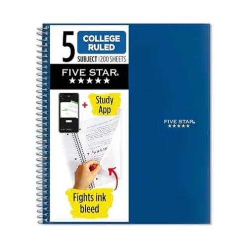 Five Star Spiral 5 Subject College Ruled 200 Sheet Notebook