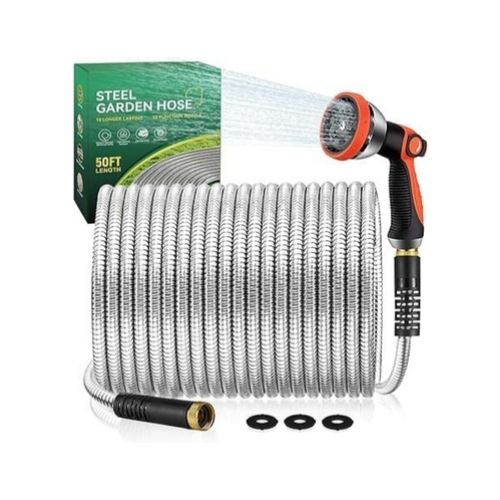 50ft Metal Garden Hose with 10 Function Nozzle