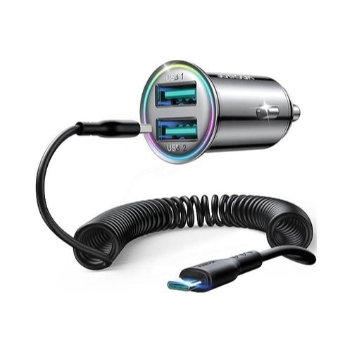 Car Phone USB Charger with Type-C Coiled Cable