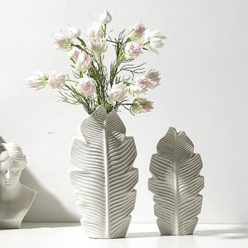 Set of 2 Relexome White Ceramic Leaf Vase