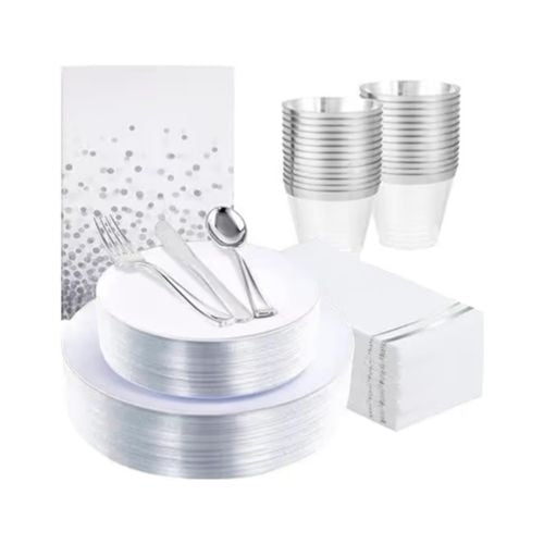 176Pcs Silver Fancy Plastic Dinnerware Set