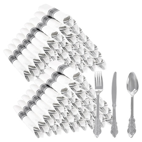 200 Piece Silver Plastic Cutlery Set with Pre-Rolled Napkins