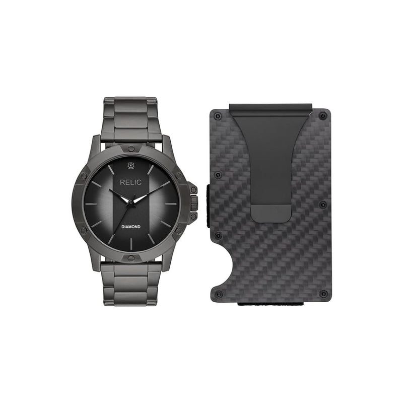 Relic by Fossil Men's Rylan Three-Hand Gunmetal Watch and Black Metal Card Case Gift Set
