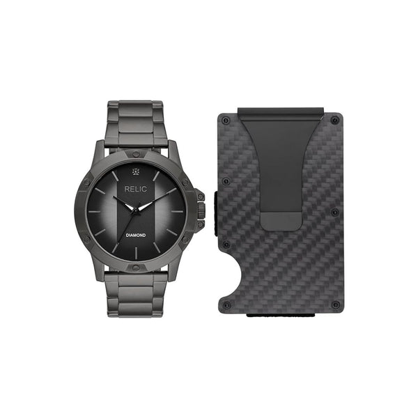 Relic by Fossil Men's Rylan Three-Hand Gunmetal Watch and Black Metal Card Case Gift Set