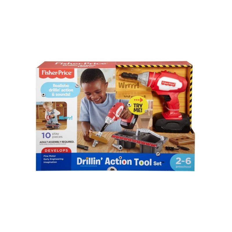 Fisher-Price Drillin’ Action Tool Set 10-Piece Preschool Pretend Construction Play Set with Sounds