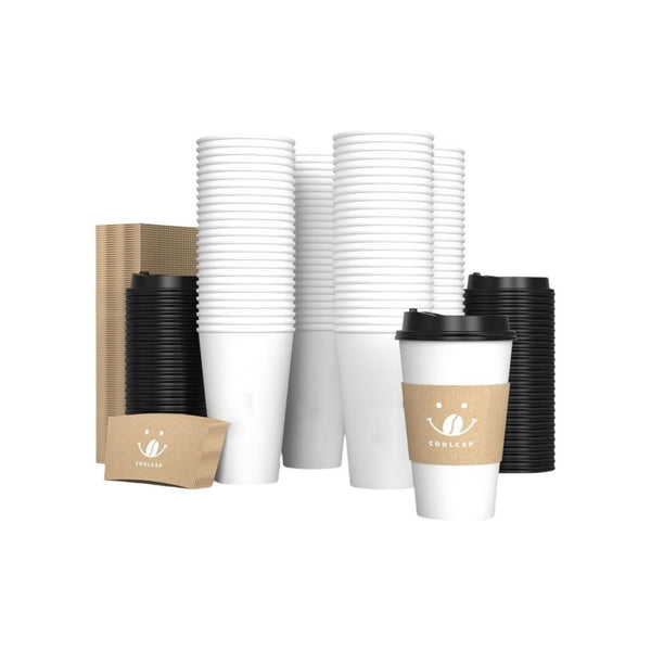 100 Pack 12oz Disposable Coffee Cups with Lids and Sleeves