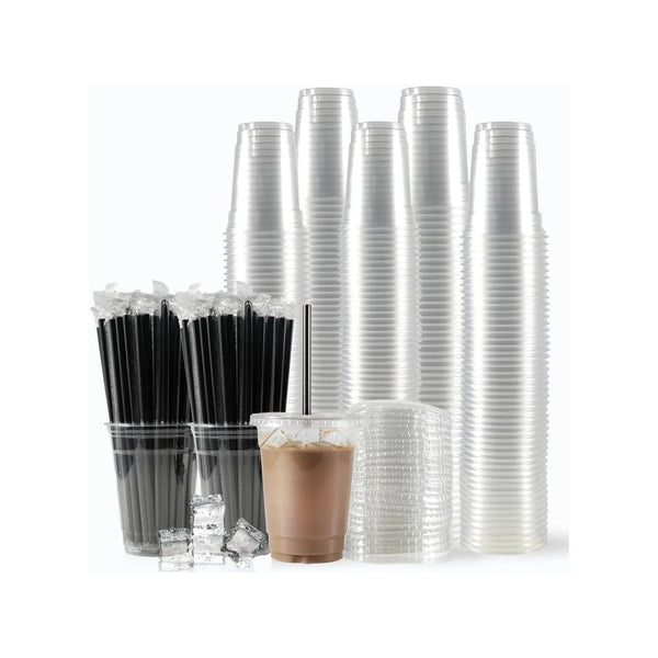 200 Sets of 12oz Plastic Cups with Lids and Straws