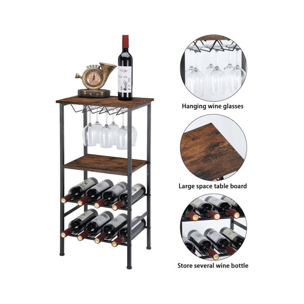 Wine Rack Table with Glass and Bottle Holder