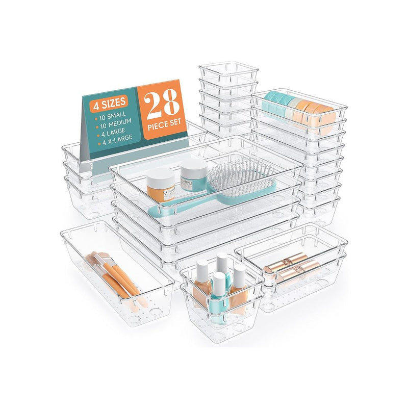 28-Pcs Clear Plastic Drawer Organizers Set