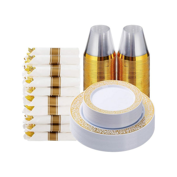 175 Piece Gold and White Disposable Dinnerware Set