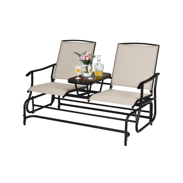 2 Person Patio Double Glider Steel Frame Loveseat Rocking with Center Table