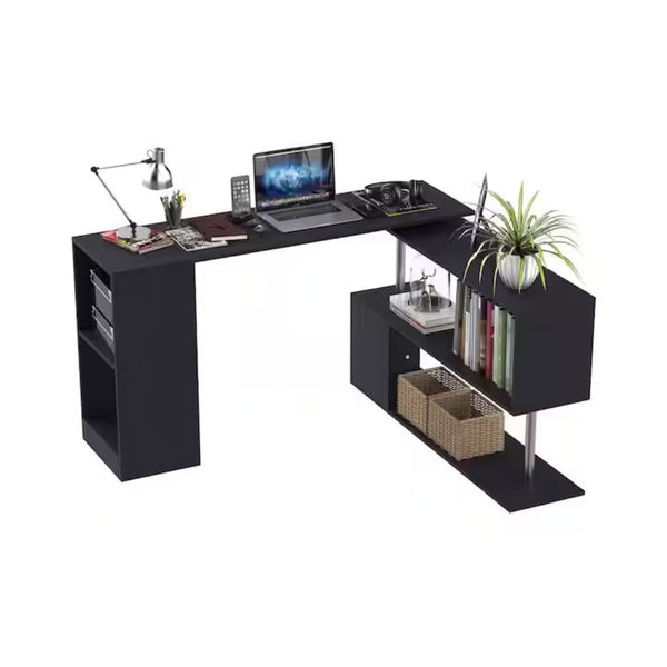 L-Shaped Black Writing Computer Desk with Display Shelves