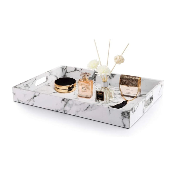 17 x 12 Inch Marble Faux Leather Decorative Tray with Handles