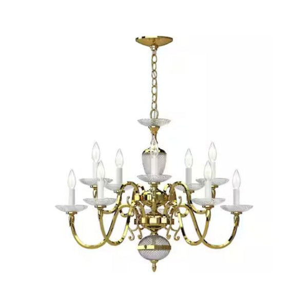 10-Lights Polished Solid Brass Candelabra Chandelier with Clear Crystal Glass