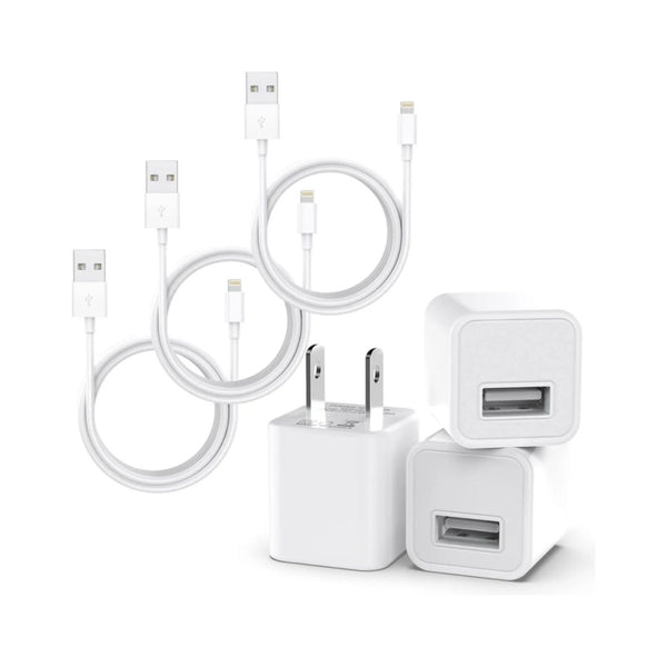 3-Pack iPhone Charging Cables and USB Wall Charger Blocks