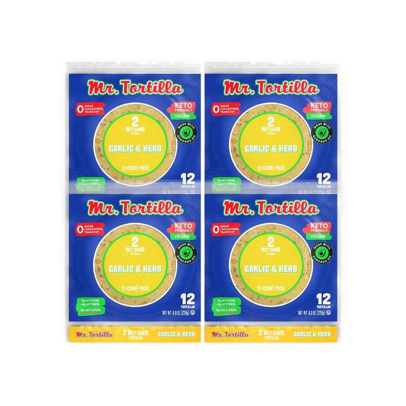 4 Packs Of Mr. Tortilla Low Carb Garlic & Herb Soft Taco Shells