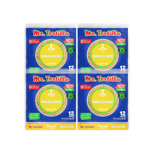 4 Packs Of Mr. Tortilla Low Carb Garlic & Herb Soft Taco Shells